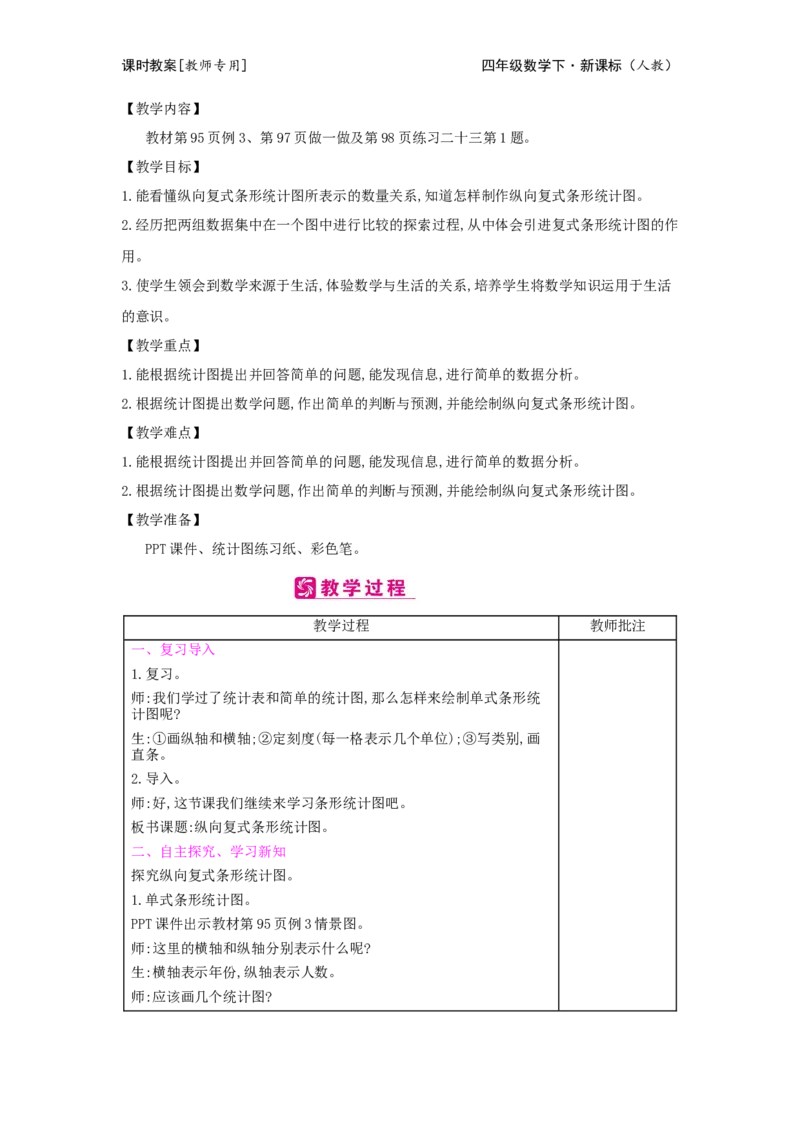 第8单元平均数与条形统计图_小学数学人教版4年级下册_2课时简案_2课时简案