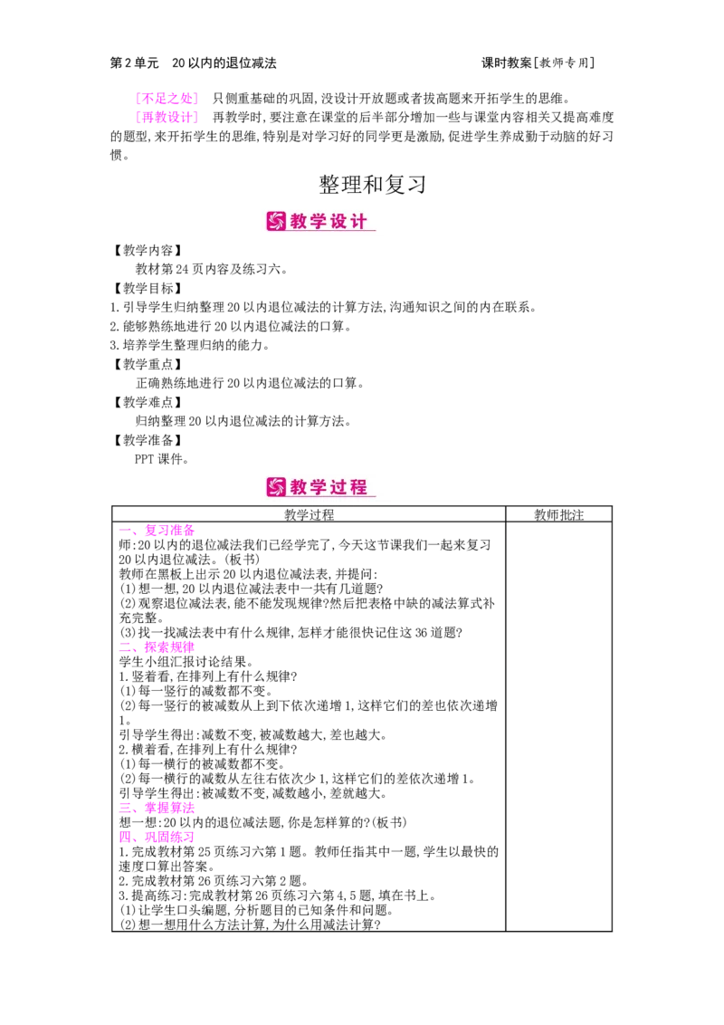 第2单元20以内的退位减法_小学数学人教版1年级下册_1课时简案_1课时简案