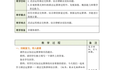 第4课时乘法交换律和结合律_小学数学人教版单独教案（1-6上下册）_《绿卡图书教案》1-6下册（26春）_4年级下册（26春）_3运算律