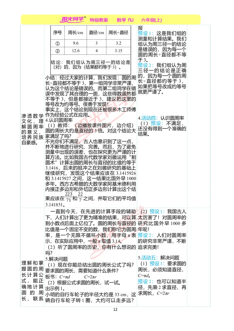 第五单元教学案例_小学数学人教版单独教案（1-6上下册）_《阳光同学教案》1-6上册（25秋）_阳光同学特级教案数学人教6年级上册_第五单元圆