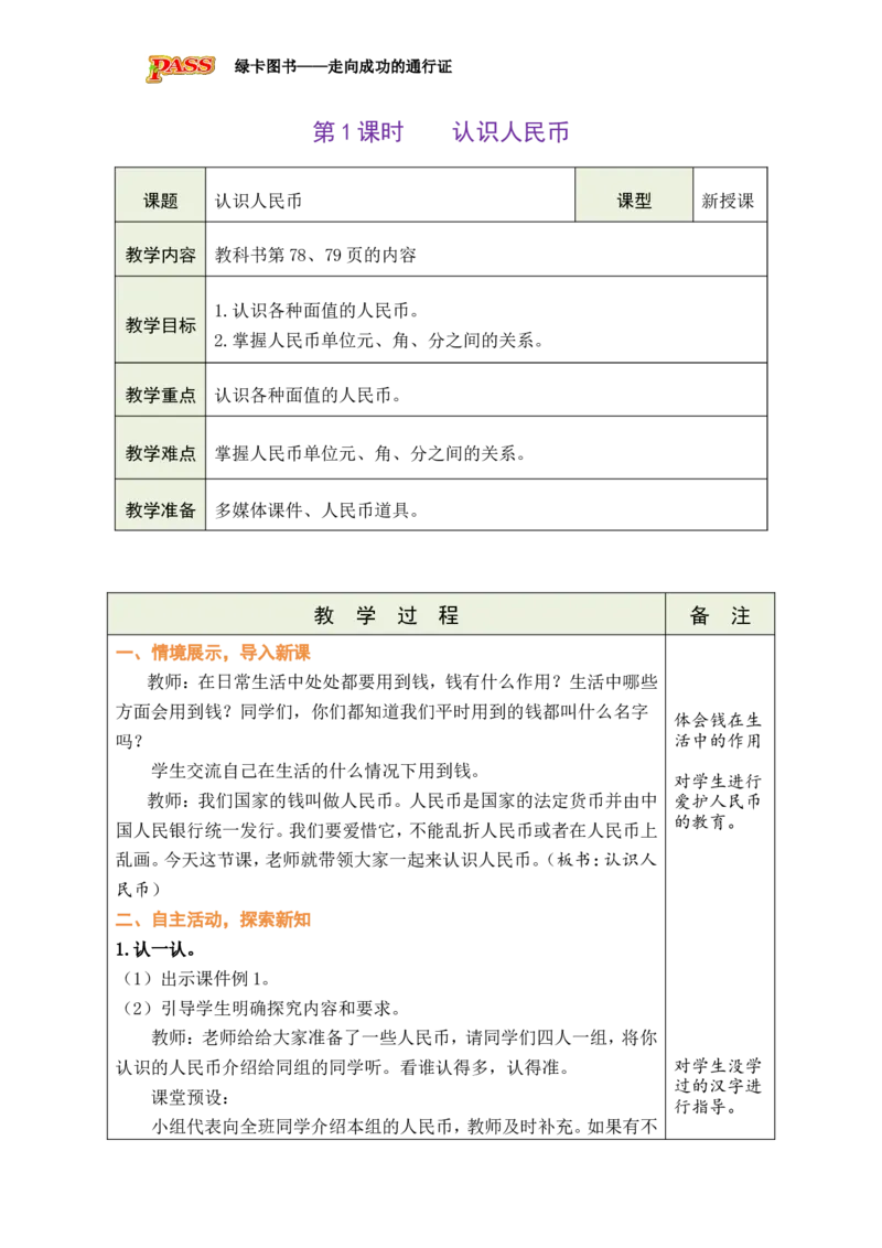 第1课时认识人民币_小学数学人教版单独教案（1-6上下册）_《绿卡图书教案》1-6下册（26春）_1年级下册（26春）_欢乐购物街