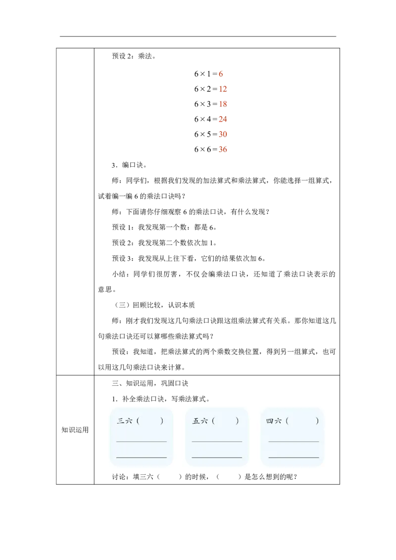 96的乘法口诀_6的乘法口诀_教学设计_小学数学人教版单独教案（1-6上下册）_《智慧教育教案》1-6上下册（25秋）_1-6上册_2年级上册（教案）2025秋新教材_第2单元