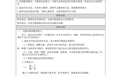 分数除法的整理和复习_教学设计_小学数学人教版单独教案（1-6上下册）_《智慧教育教案》1-6上下册（25秋）_1-6上册_6年级上册（教案）新插图_第3单元分数除法