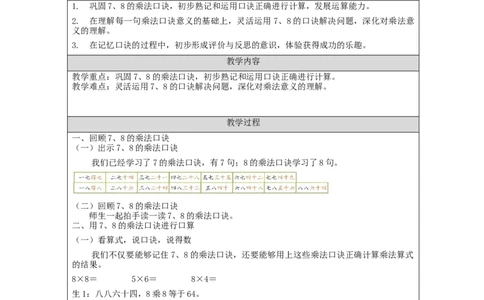 7、8的乘法口诀练习&mdash;教学设计_小学数学人教版单独教案（1-6上下册）_《智慧教育教案》1-6上下册（25秋）_1-6上册_2年级上册（教案）新插图_第6单元表内乘法（二)