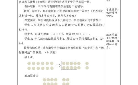 第3课时十几减8_小学数学人教版单独教案（1-6上下册）_《绿卡图书教案》1-6下册（26春）_1年级下册（26春）_220以内的退位减法
