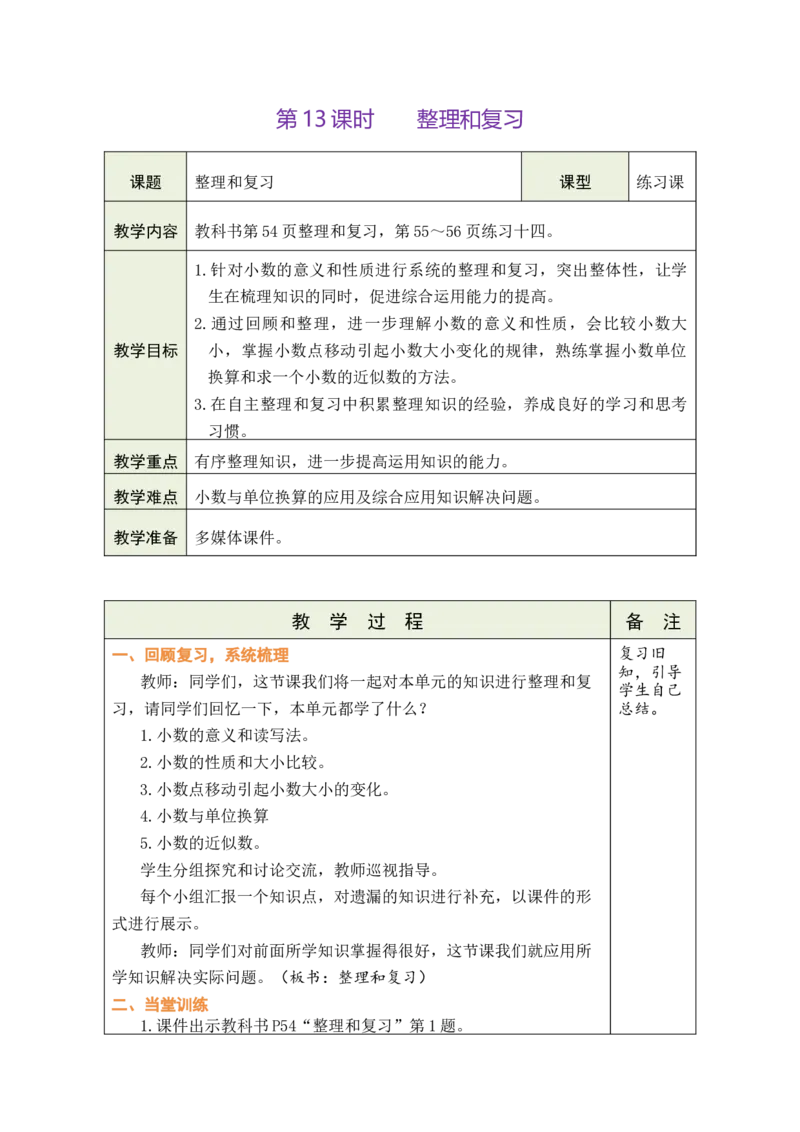 第14课时整理和复习_小学数学人教版单独教案（1-6上下册）_《绿卡图书教案》1-6下册（26春）_4年级下册（26春）_4小数的意义和性质