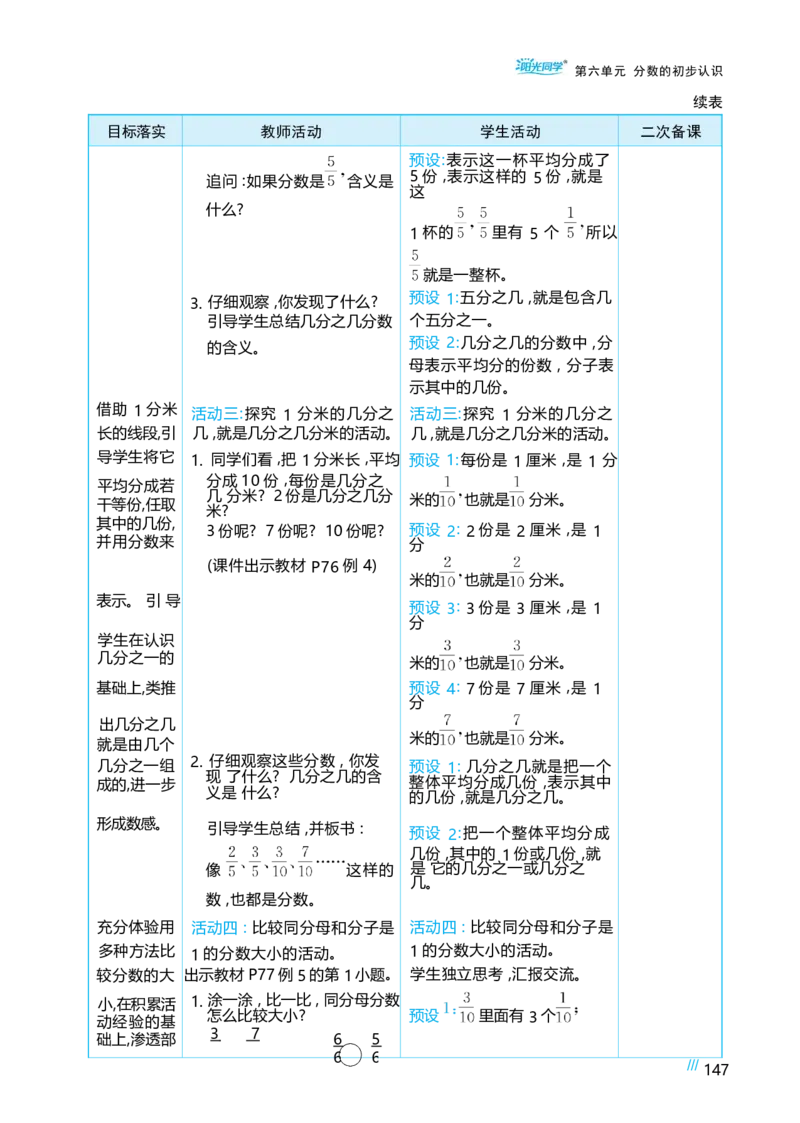 第六单元分数的初步认识_小学数学人教版单独教案（1-6上下册）_《阳光同学教案》1-6上册（25秋）_阳光同学特级教案数学人教3年级上册