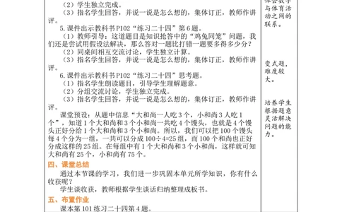 第2课时练习课_小学数学人教版单独教案（1-6上下册）_《绿卡图书教案》1-6下册（26春）_4年级下册（26春）_9数学广角&mdash;&mdash;鸡兔同笼
