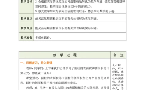 第3课时圆柱的表面积（2）_小学数学人教版单独教案（1-6上下册）_《绿卡图书教案》1-6下册（26春）_6年级下册（26春）_3圆柱与圆锥
