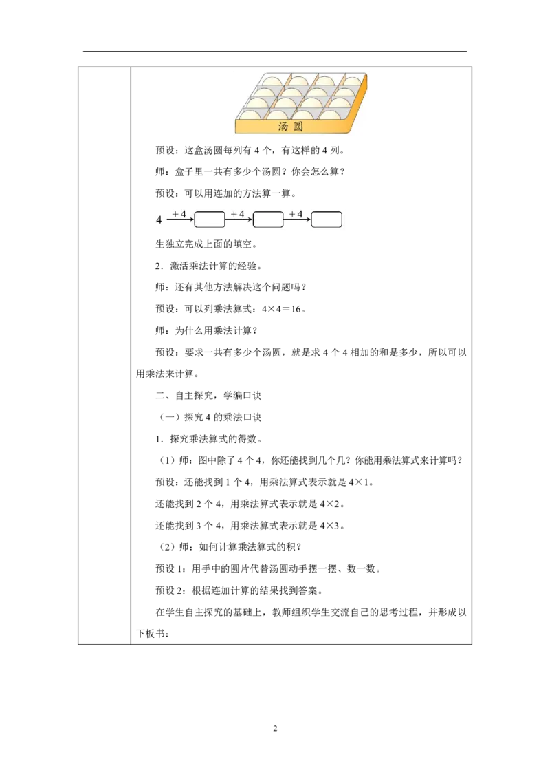 74、3、2、1的乘法口诀_4、3、2、1的乘法口诀_教学设计_小学数学人教版单独教案（1-6上下册）_《智慧教育教案》1-6上下册（25秋）_1-6上册_2年级上册（教案）2025秋新教材_第2单元