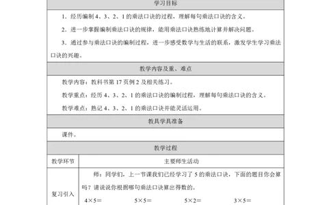 74、3、2、1的乘法口诀_4、3、2、1的乘法口诀_教学设计_小学数学人教版单独教案（1-6上下册）_《智慧教育教案》1-6上下册（25秋）_1-6上册_2年级上册（教案）2025秋新教材_第2单元
