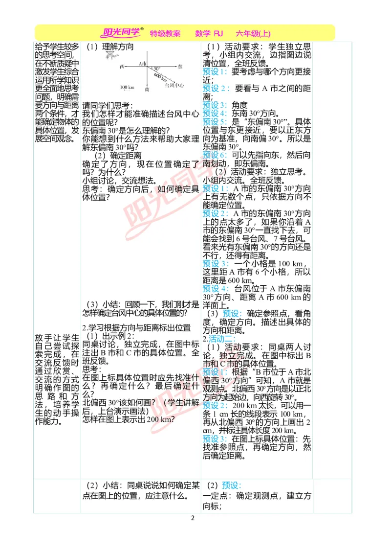 第二单元教学案例_小学数学人教版单独教案（1-6上下册）_《阳光同学教案》1-6上册（25秋）_阳光同学特级教案数学人教6年级上册_第二单元位置与方向（二）