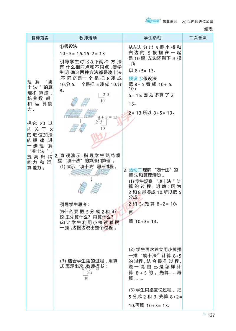 五20以内的进位加法_小学数学人教版单独教案（1-6上下册）_《阳光同学教案》1-6上册（25秋）_阳光同学特级教案数学人教1年级上册