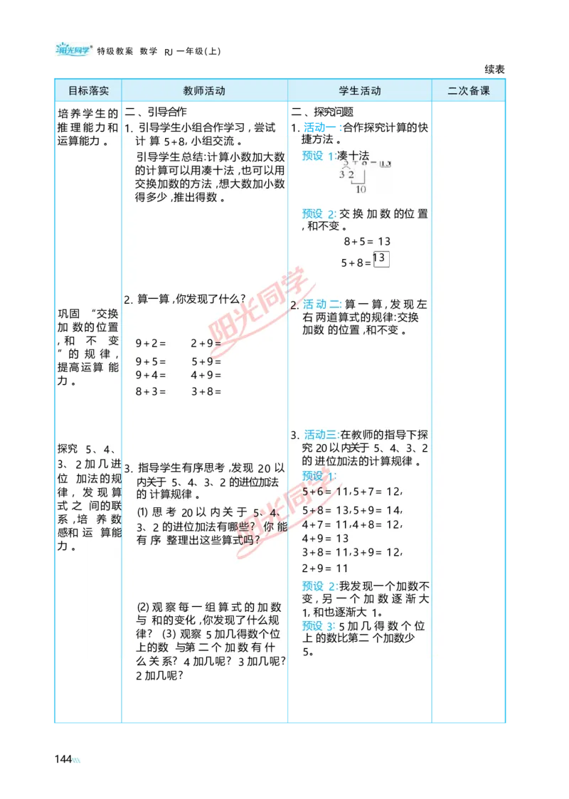 五20以内的进位加法_小学数学人教版单独教案（1-6上下册）_《阳光同学教案》1-6上册（25秋）_阳光同学特级教案数学人教1年级上册