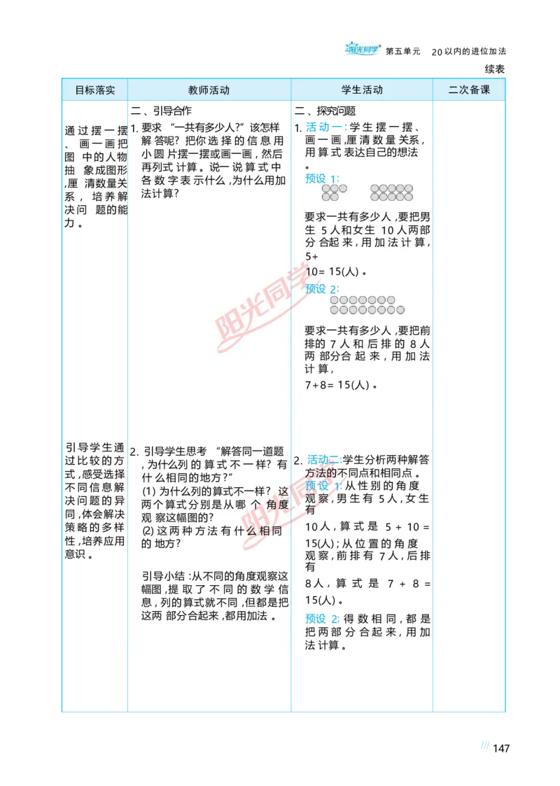 五20以内的进位加法_小学数学人教版单独教案（1-6上下册）_《阳光同学教案》1-6上册（25秋）_阳光同学特级教案数学人教1年级上册