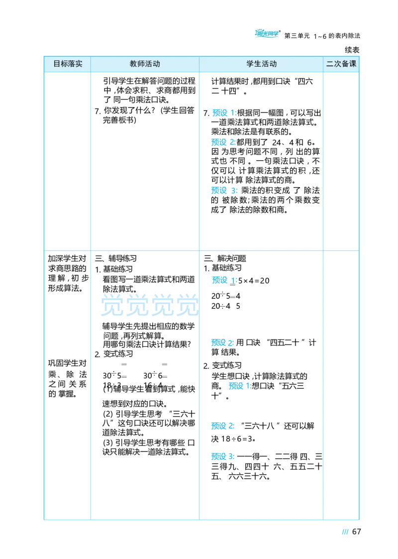 第三单元_小学数学人教版单独教案（1-6上下册）_《阳光同学教案》1-6上册（25秋）_阳光同学特级教案数学人教2年级上册_第三单元1~6的表内除法
