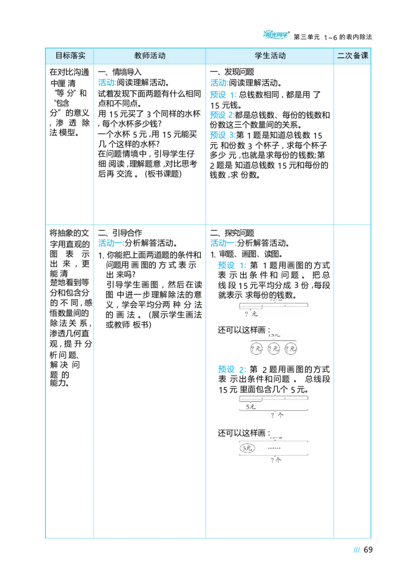 第三单元_小学数学人教版单独教案（1-6上下册）_《阳光同学教案》1-6上册（25秋）_阳光同学特级教案数学人教2年级上册_第三单元1~6的表内除法