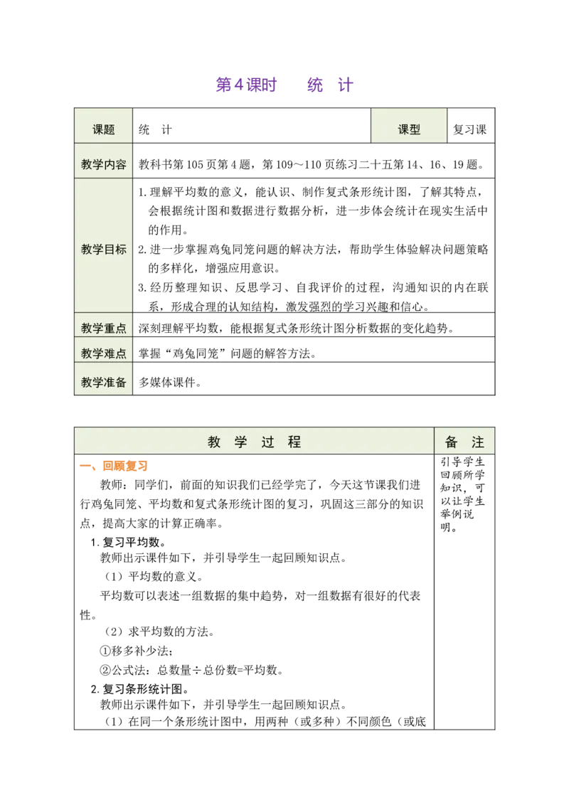 第4课时统计_小学数学人教版单独教案（1-6上下册）_《绿卡图书教案》1-6下册（26春）_4年级下册（26春）_10总复习