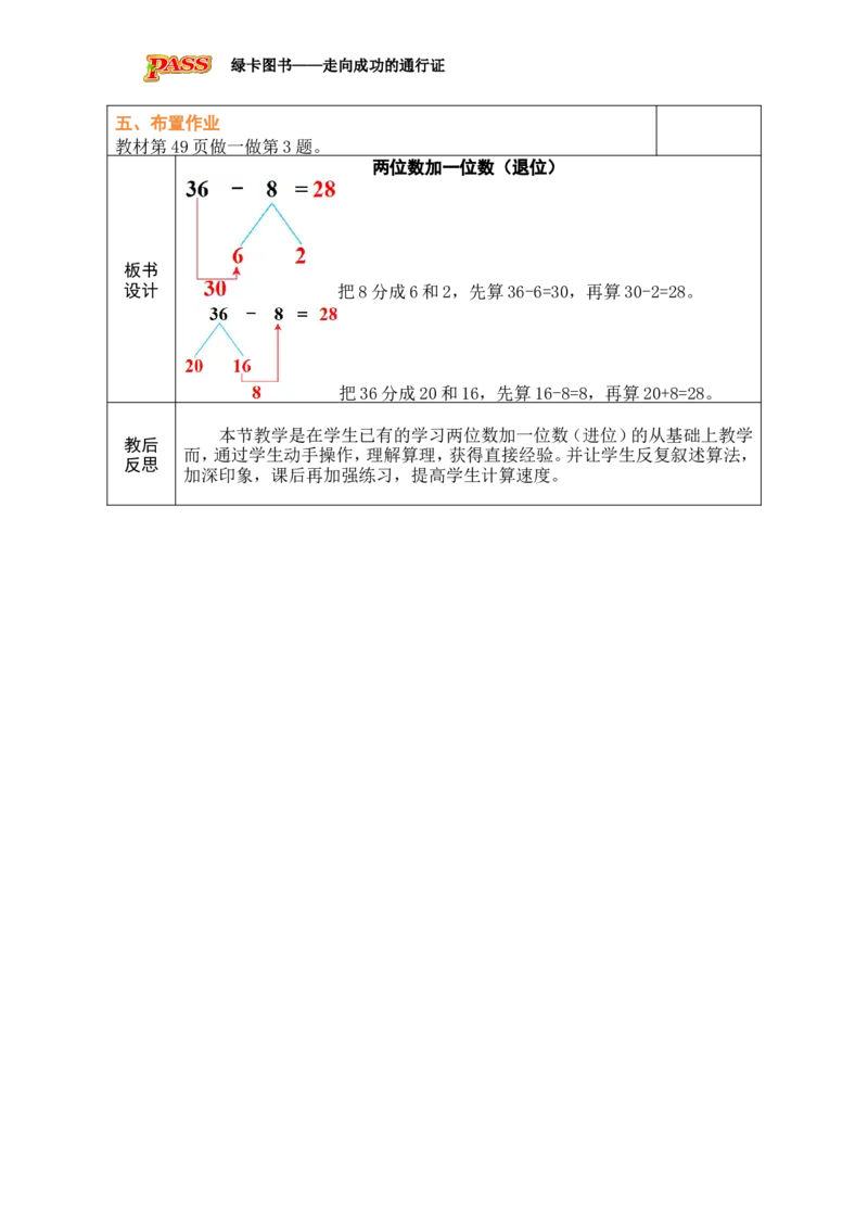 第2课时两位数减一位数（退位）_小学数学人教版单独教案（1-6上下册）_《绿卡图书教案》1-6下册（26春）_1年级下册（26春）_4100以内的口算加、减法_2.口算减法