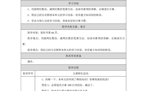 26整理和复习_整理和复习_教学设计_小学数学人教版单独教案（1-6上下册）_《智慧教育教案》1-6上下册（25秋）_1-6下册_1年级下册（教案）2025春_2025春_第5单元100以内的笔算加、减法