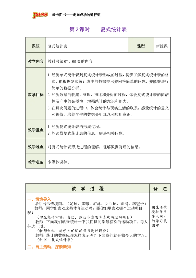 2复式统计表_小学数学人教版单独教案（1-6上下册）_《绿卡图书教案》1-6下册（26春）_3年级下册（26春）_5数据的收集与整理
