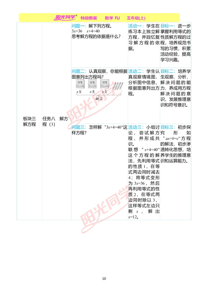 一、单元分析_小学数学人教版单独教案（1-6上下册）_《阳光同学教案》1-6上册（25秋）_阳光同学特级教案数学人教5年级上册_第五单元简易方程