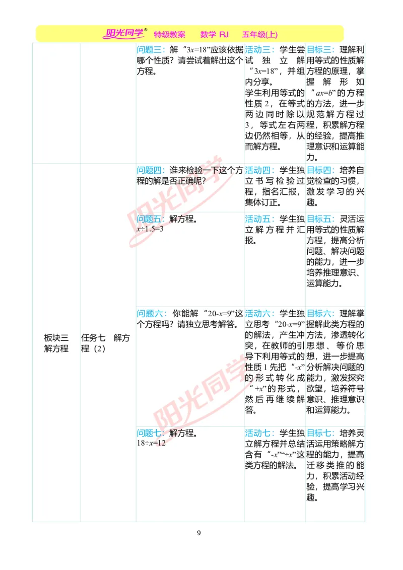 一、单元分析_小学数学人教版单独教案（1-6上下册）_《阳光同学教案》1-6上册（25秋）_阳光同学特级教案数学人教5年级上册_第五单元简易方程