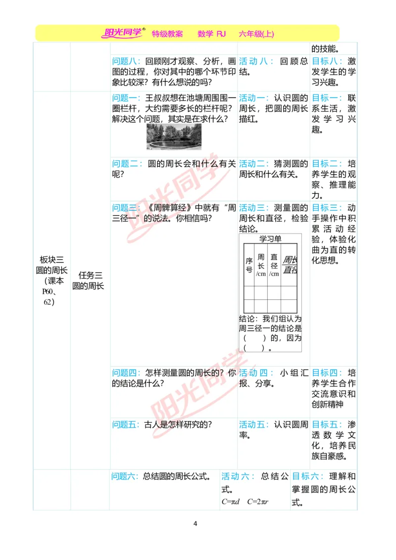 第五单元单元分析_小学数学人教版单独教案（1-6上下册）_《阳光同学教案》1-6上册（25秋）_阳光同学特级教案数学人教6年级上册_第五单元圆