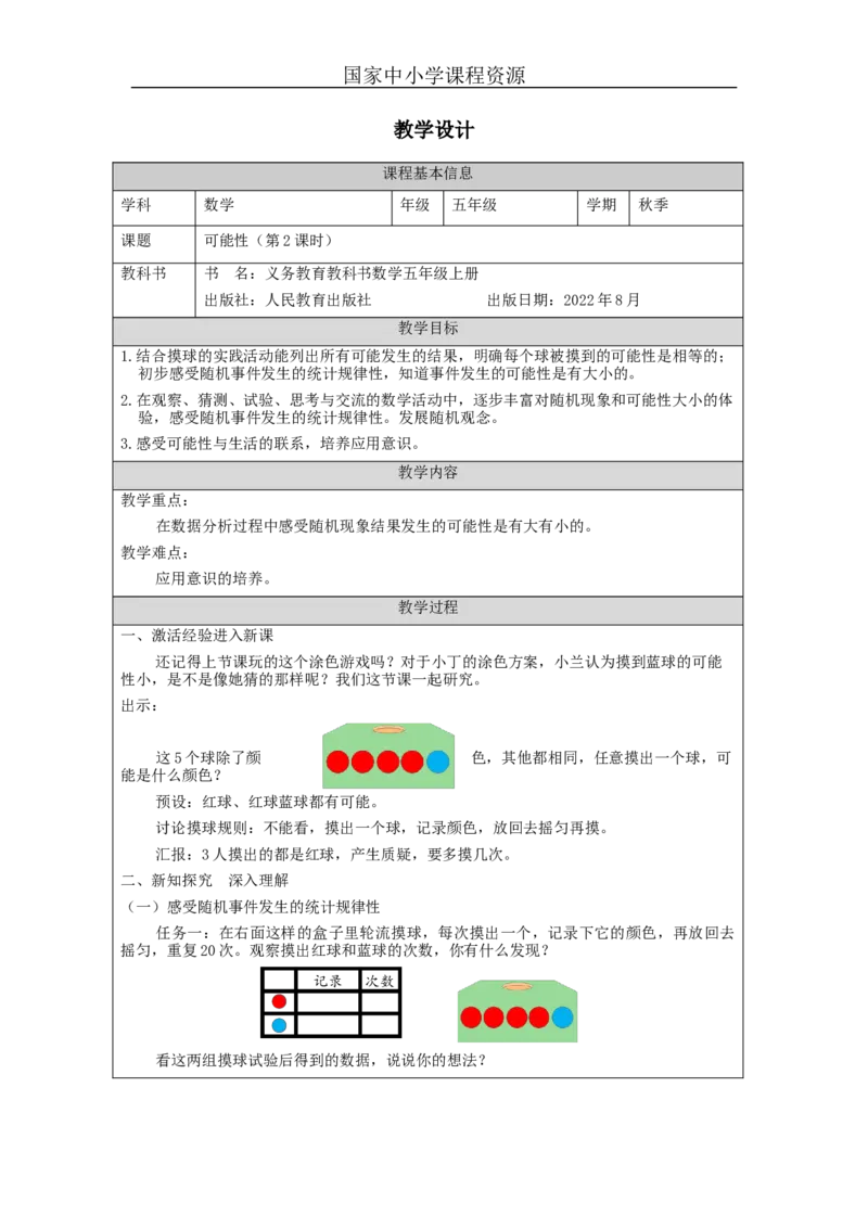 可能性（第2课时）-教学设计_小学数学人教版单独教案（1-6上下册）_《智慧教育教案》1-6上下册（25秋）_1-6上册_5年级上册（教案）新插图_第4单元可能性