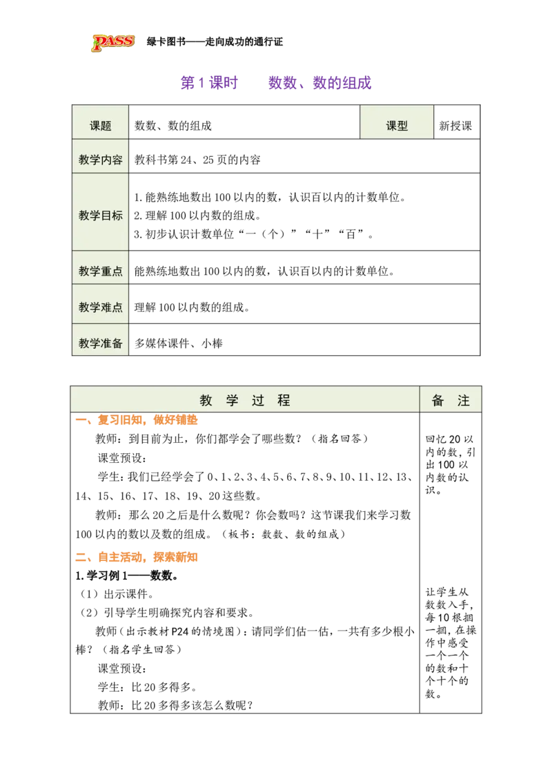 第1课时数数、数的组成_小学数学人教版单独教案（1-6上下册）_《绿卡图书教案》1-6下册（26春）_1年级下册（26春）_3100以内数的认识