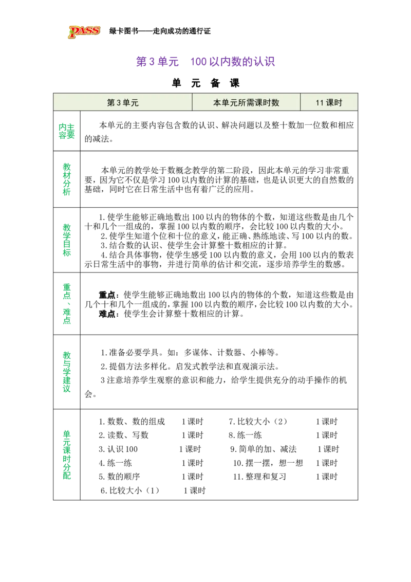 单元备课_小学数学人教版单独教案（1-6上下册）_《绿卡图书教案》1-6下册（26春）_1年级下册（26春）_3100以内数的认识