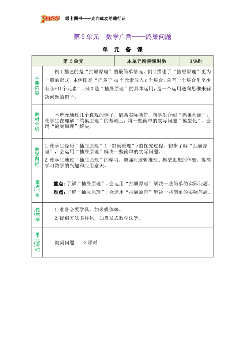 单元备课_小学数学人教版单独教案（1-6上下册）_《绿卡图书教案》1-6下册（26春）_6年级下册（26春）_5数学广角&mdash;&mdash;鸽巢问题