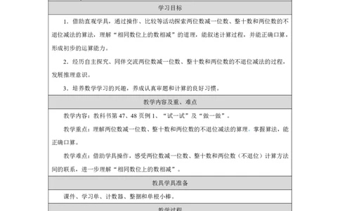 21口算减法-两位数减一位数和整十数（不退位）_口算减法-两位数减一位数和整十数（不退位）_教学设计_小学数学人教版单独教案（1-6上下册）_《智慧教育教案》1-6上下册（25秋）_2025春