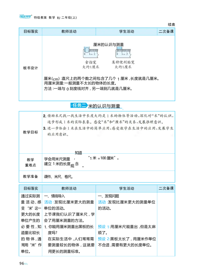 第四单元_小学数学人教版单独教案（1-6上下册）_《阳光同学教案》1-6上册（25秋）_阳光同学特级教案数学人教2年级上册_第四单元厘米和米