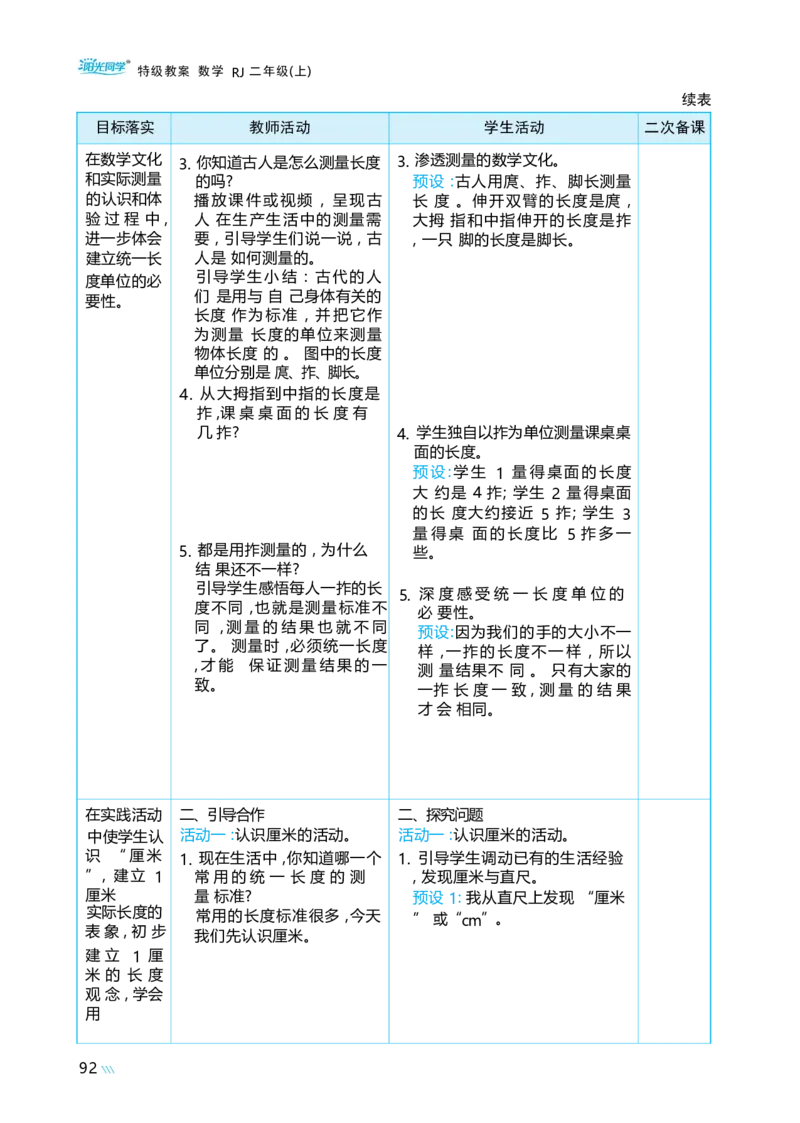 第四单元_小学数学人教版单独教案（1-6上下册）_《阳光同学教案》1-6上册（25秋）_阳光同学特级教案数学人教2年级上册_第四单元厘米和米