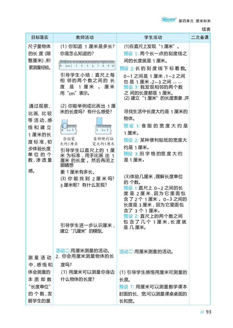 第四单元_小学数学人教版单独教案（1-6上下册）_《阳光同学教案》1-6上册（25秋）_阳光同学特级教案数学人教2年级上册_第四单元厘米和米