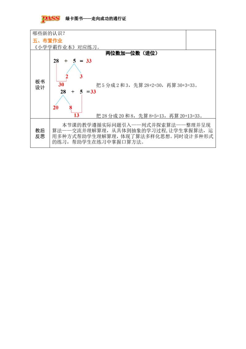 第2课时两位数加一位数（进位）_小学数学人教版单独教案（1-6上下册）_《绿卡图书教案》1-6下册（26春）_1年级下册（26春）_4100以内的口算加、减法_1.口算加法
