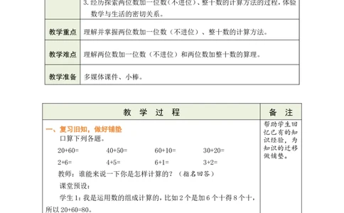 第1课时两位数加一位数（不进位）、整十数_小学数学人教版单独教案（1-6上下册）_《绿卡图书教案》1-6下册（26春）_1年级下册（26春）_4100以内的口算加、减法_1.口算加法