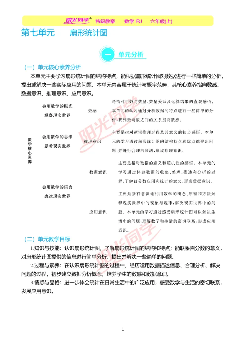 第七单元单元分析_小学数学人教版单独教案（1-6上下册）_《阳光同学教案》1-6上册（25秋）_阳光同学特级教案数学人教6年级上册_第七单元　扇形统计图