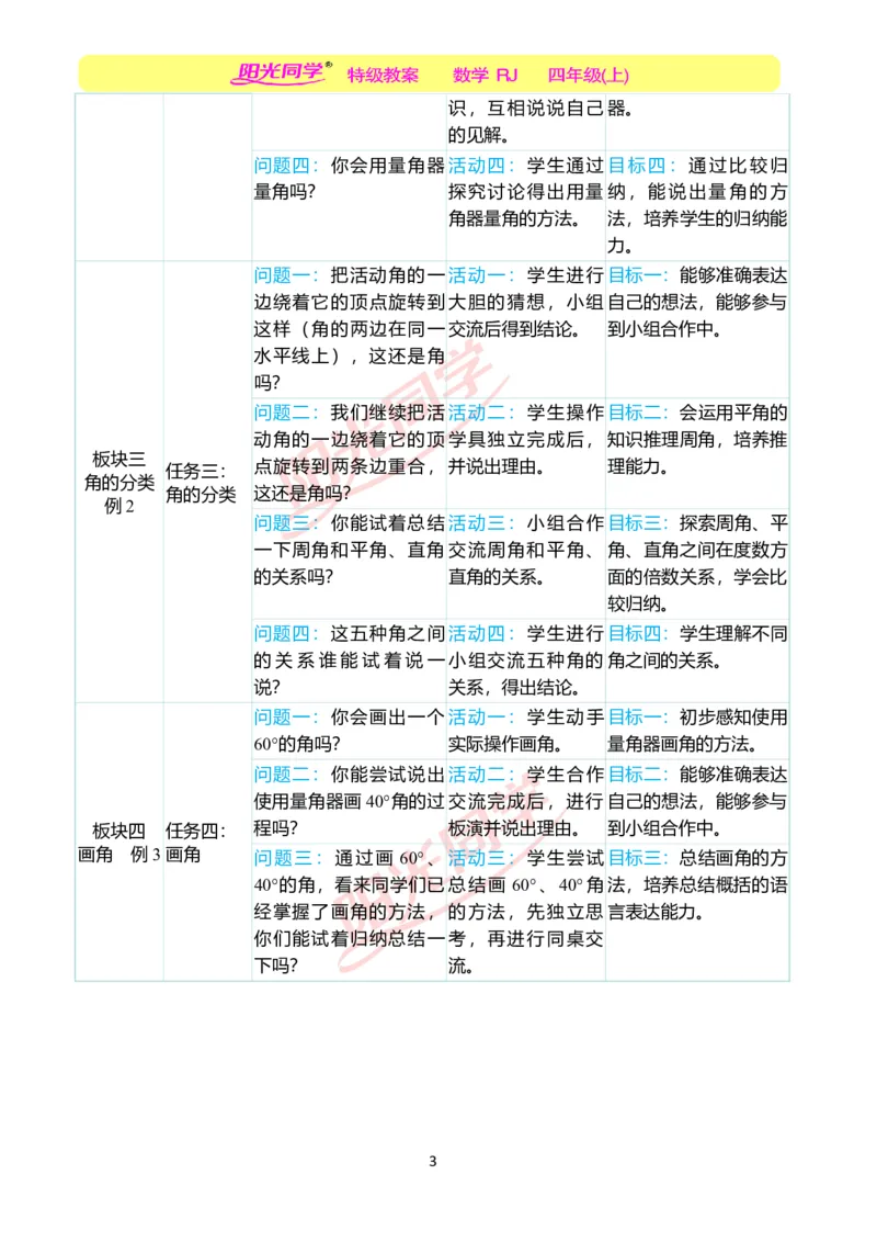 一、单元分析_小学数学人教版单独教案（1-6上下册）_《阳光同学教案》1-6上册（25秋）_阳光同学特级教案数学人教4年级上册_第三单元角的度量
