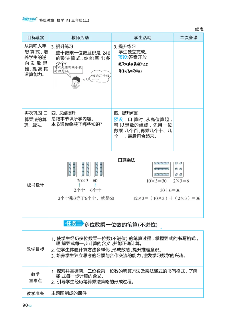第四单元多位数乘一位数_小学数学人教版单独教案（1-6上下册）_《阳光同学教案》1-6上册（25秋）_阳光同学特级教案数学人教3年级上册