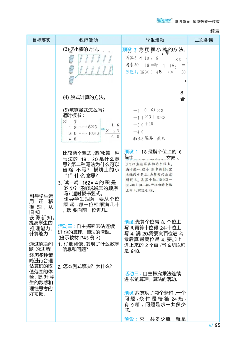 第四单元多位数乘一位数_小学数学人教版单独教案（1-6上下册）_《阳光同学教案》1-6上册（25秋）_阳光同学特级教案数学人教3年级上册