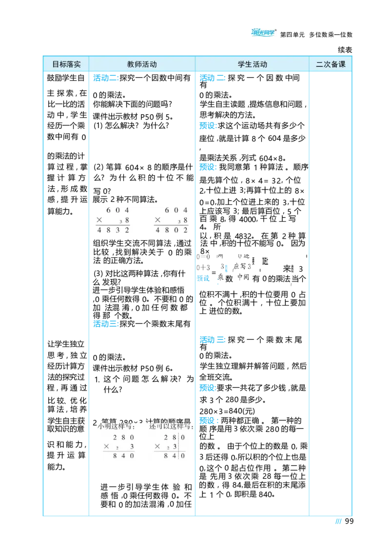 第四单元多位数乘一位数_小学数学人教版单独教案（1-6上下册）_《阳光同学教案》1-6上册（25秋）_阳光同学特级教案数学人教3年级上册