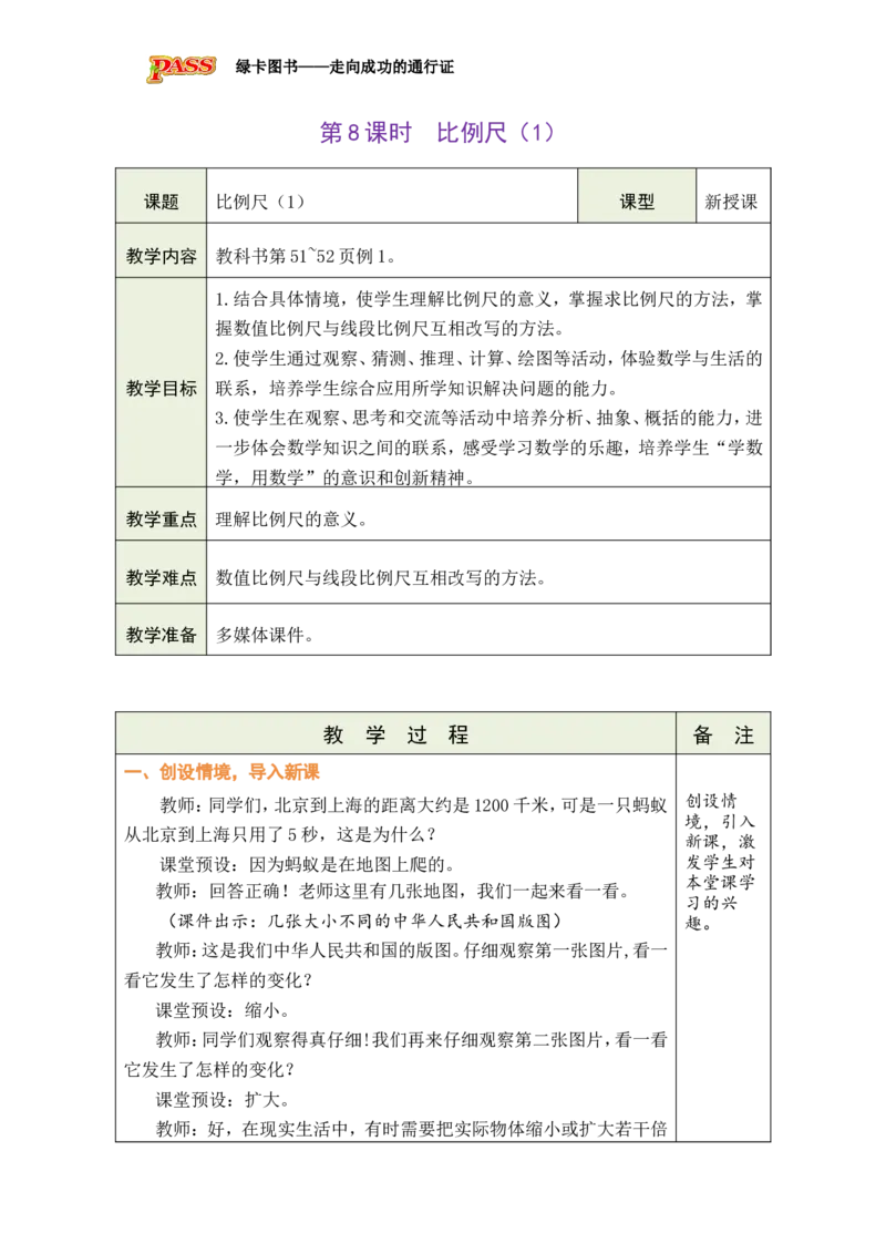 第8课时比例尺（1）_小学数学人教版单独教案（1-6上下册）_《绿卡图书教案》1-6下册（26春）_6年级下册（26春）_4比例