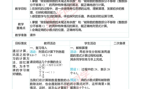 二、教学案例_小学数学人教版单独教案（1-6上下册）_《阳光同学教案》1-6上册（25秋）_阳光同学特级教案数学人教5年级上册_第三单元小数除法