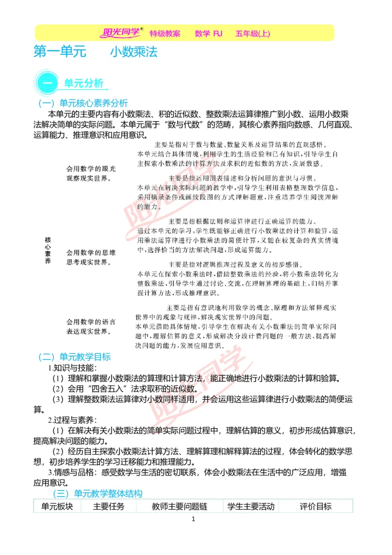 一、单元分析_小学数学人教版单独教案（1-6上下册）_《阳光同学教案》1-6上册（25秋）_阳光同学特级教案数学人教5年级上册_第一单元小数乘法