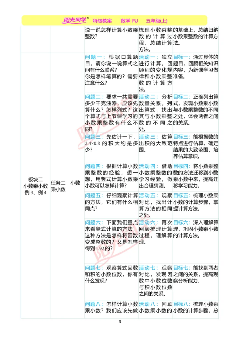 一、单元分析_小学数学人教版单独教案（1-6上下册）_《阳光同学教案》1-6上册（25秋）_阳光同学特级教案数学人教5年级上册_第一单元小数乘法