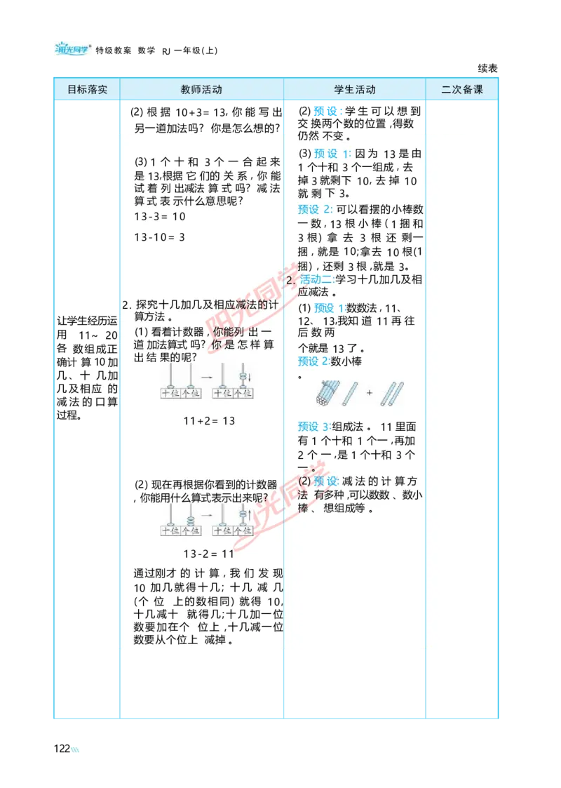 四11~20的认识_小学数学人教版单独教案（1-6上下册）_《阳光同学教案》1-6上册（25秋）_阳光同学特级教案数学人教1年级上册