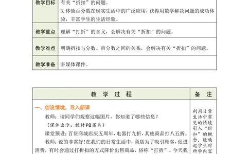 第1课时折扣_小学数学人教版单独教案（1-6上下册）_《绿卡图书教案》1-6下册（26春）_6年级下册（26春）_2百分数（二）