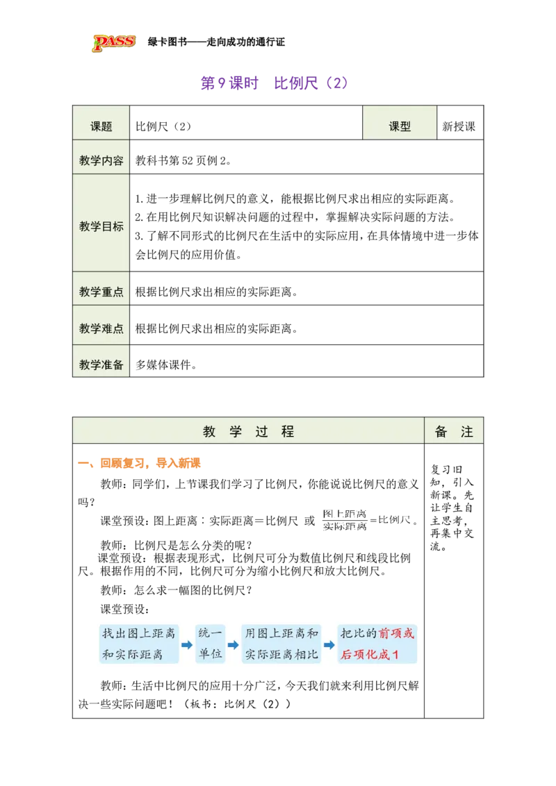第9课时比例尺（2）_小学数学人教版单独教案（1-6上下册）_《绿卡图书教案》1-6下册（26春）_6年级下册（26春）_4比例